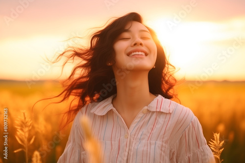 Portrait of calm happy smiling free asian woman with closed eyes enjoys a beautiful moment life on the fields at sunset © Enrique