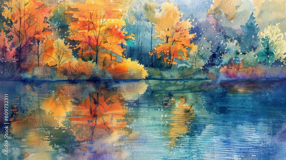 Autumn Foliage Masterpiece Impressionist Watercolor Capturing the Serene Essence of a Tranquil Lake and Idyllic Forested Landscape
