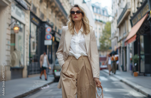 an elegant middle aged woman in a beige blazer and white blouse, sunglasses walking on the streets of Paris © Kien