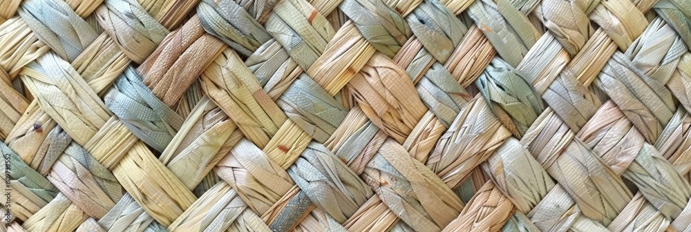 Obraz premium Handwoven bamboo pattern, light green and beige a handmade rattan wall texture,Rattan texture, handcraft bamboo weaving texture background, banner