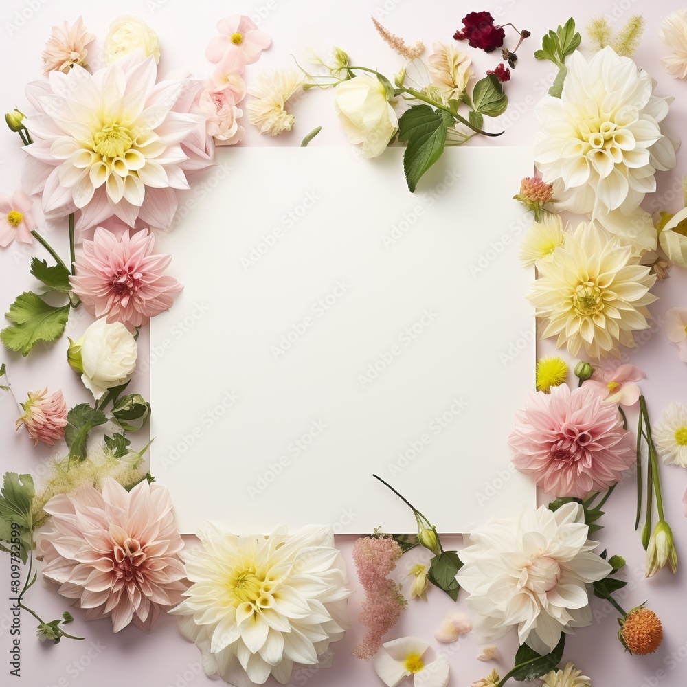 Mockup with blank greeting card with flowers and plants background. Concept invitation wedding, birthday with place for text Mockup with blank greeting card with flowers and plants background. Concept invitation wedding, birthday with place for text