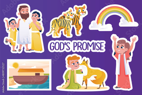 Set of stickers God's promise in flat cartoon design. These stickers depict Noah's happy family, rescued animals and symbolize the beginning of a new life. Vector illustration.