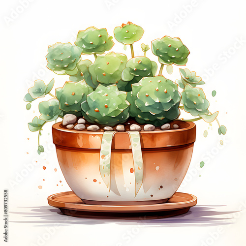Peyote (Lophophora williamsii), Grow on a cute pot, single object, watercolor illustration, white background.