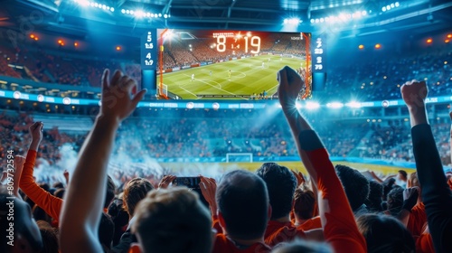 Sporting event stadium championship match, scoreboard screen showing 2:1. A crowd of cheering, screaming fans are having a good time. Sports Channel Television Advertising Concept. Wide shot.