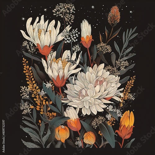 Beige and orange flowers on black background. Beautiful bouquet of flowers, detailed botanical illustration.