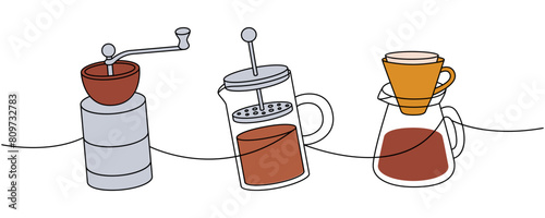 Coffee set one line colored continuous drawing. Small grinder, French press, coffee maker with paper filter continuous one line illustration.