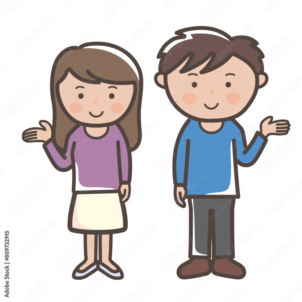 手のひらを広げて案内、説明をする若い男女の全身イラスト 手のひらを広げて案内、説明をする若い男女の全身イラスト