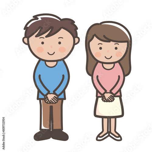 笑顔で手を前で組んで立つ若い男女の全身イラスト