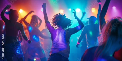 High-energy party scene capturing a crowd of people dancing under colorful disco lights
