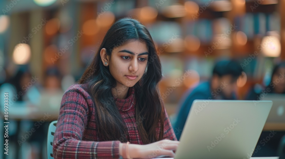 This image is of a smart beautiful Indian female student studying in an international university with diverse multiethnic classmates. A student was using a laptop computer to take notes during the This image is of a smart beautiful Indian female student studying in an international university with diverse multiethnic classmates. A student was using a laptop computer to take notes during the