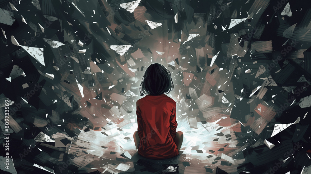 a young girl sitting alone in a dark room, surrounded by shattered ...