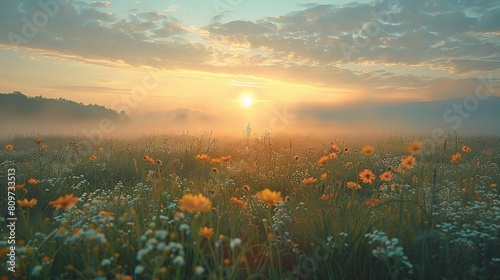 serene landscape featuring the warm glow of sunrise and sunset  illuminating fields and meadows under a vast sky
