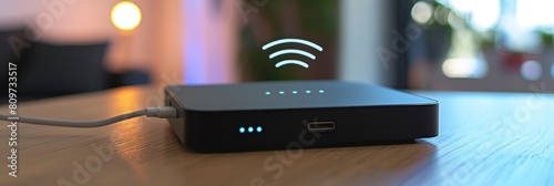 A sleek black wireless router with glowing indicators sits on a wooden surface with a cozy home atmosphere