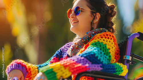 Happy disabled young girl in wheelchair wearing rainbow pride fashionable jumper cardigan outfit outdoors in nature. Candid young teenager with disability at LGBTQ gay pride parade. Copy space
