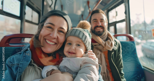 Portrait of a happy young family with one child sitting on the bus and smiling at the camera