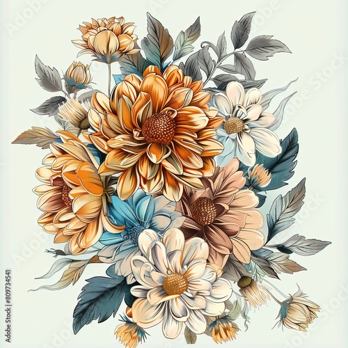 Beige and blue floral arrangement. Beautiful bouquet of flowers, detailed botanical illustration.