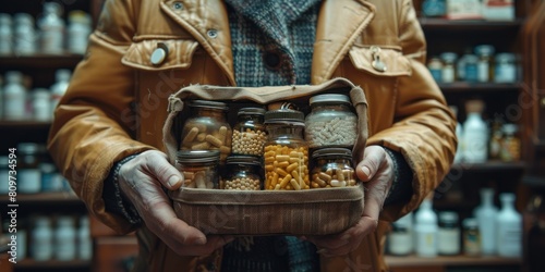 Two hand holding a open bag with medicines present in it