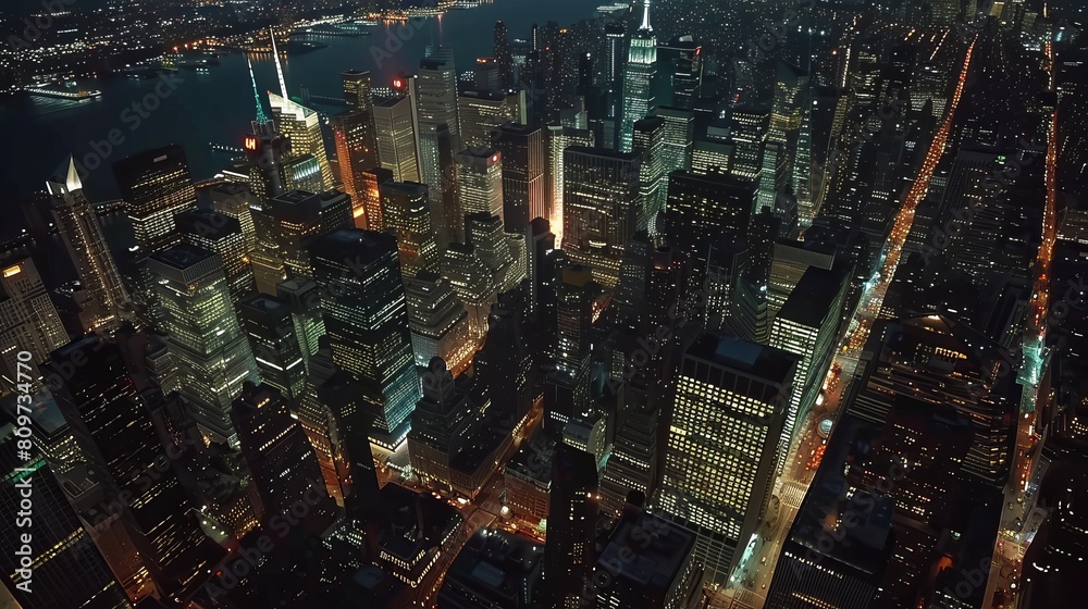 The Illuminated Empire State Building is seen from a helicopter in this aerial view of Midtown Manhattan architecture at night.