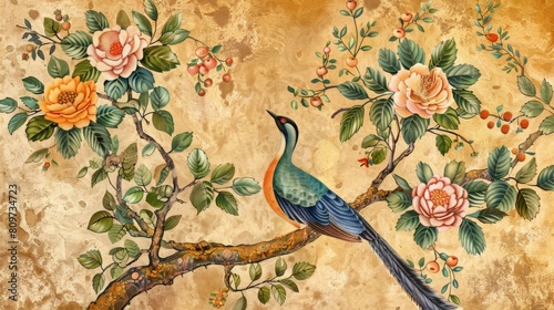 Mughal Wallpaper, Mughal Background Illustration, Animals, Birds, Watercolor background