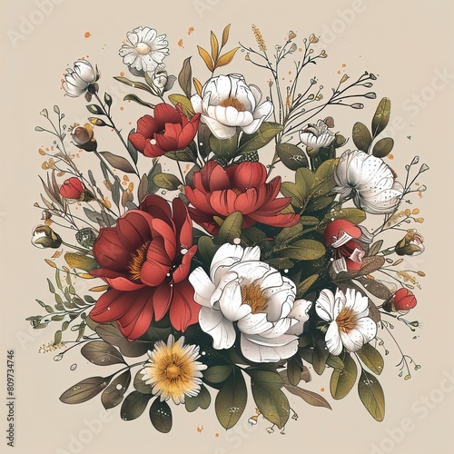 Beautiful anemones and peony flowers on beige background. Beautiful bouquet of flowers, detailed botanical illustration.