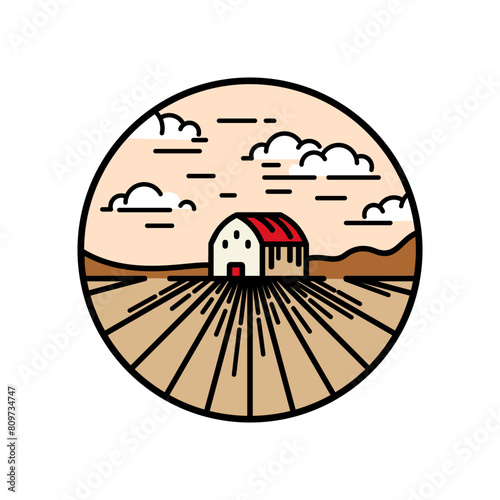 Logo emblem of agricultural landscape. Farm field with house Vector Illustration