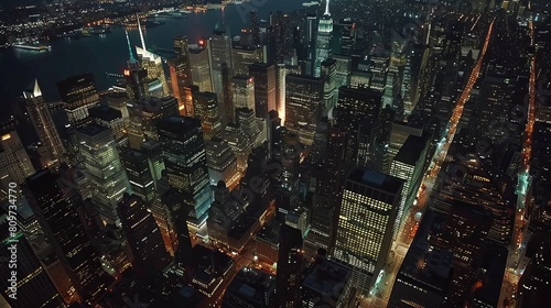 The Illuminated Empire State Building is seen from a helicopter in this aerial view of Midtown Manhattan architecture at night.
