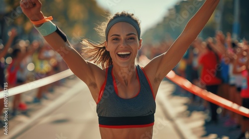 An athletic female jogger crosses the finish line with cheers from her audience during a marathon race. She is happy, confident and empowered after winning. photo
