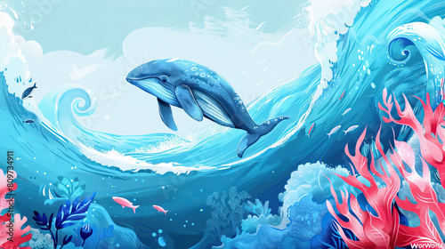 Majestic blue whale leaping amidst vibrant underwater ecosystem with coral reefs and colorful fish, banner photo