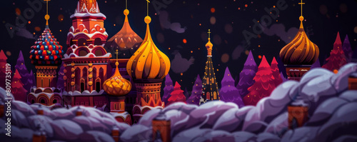 A beautiful painting of the Saint Basil's Cathedral in Moscow, Russia. The cathedral is surrounded by snow-covered trees and a starry night sky. photo