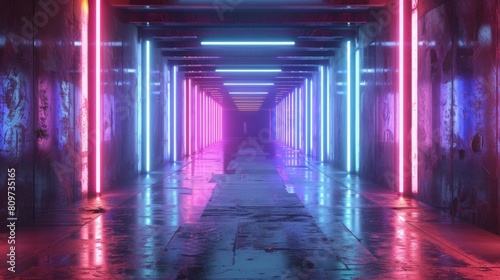 Sci Fy neon glowing lamps in a dark tunnel. Reflections on the floor and walls. Empty background in the center. 3d rendering image. Techology futuristic background