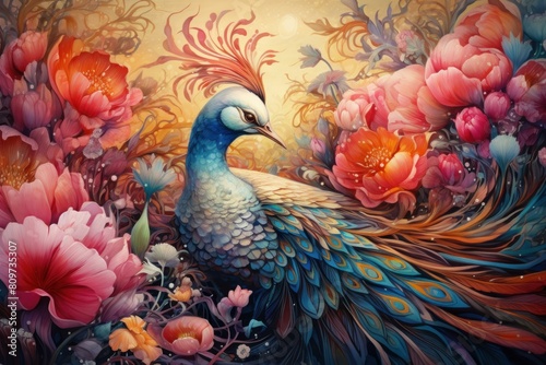 Illustration of a colorful peacock surrounded by vibrant flowers in a fantasy setting