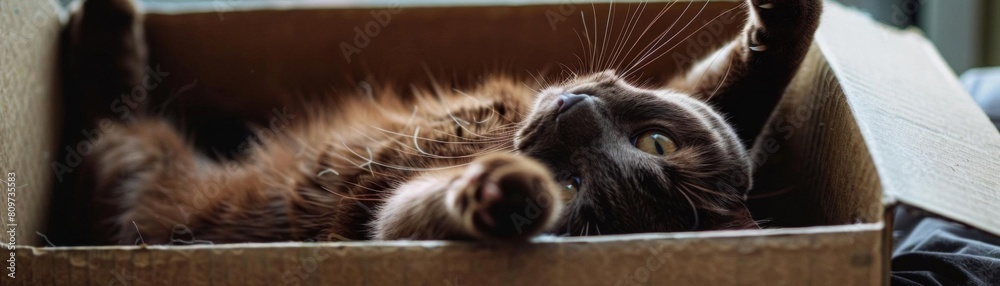A brown cat is lying in a cardboard box