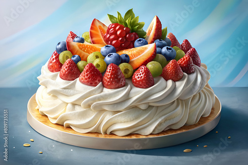Pavlova with Galaxy of Colorful Fruits on Soft Blue Background
