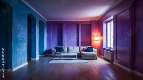 Blue and purple color themed living room