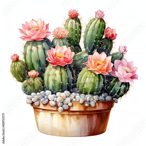 Notocactus magnificus, Grow on a cute pot, single object, watercolor illustration, white background. photo