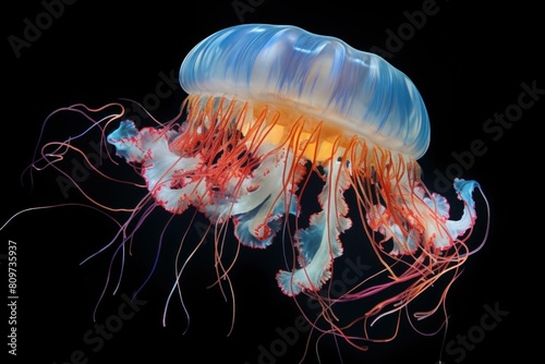 A colorful jellyfish floats elegantly in a dark underwater scene