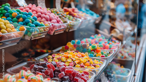 Various candies, gummy jellies, lolly, etc arranged in compartments in a shop photo
