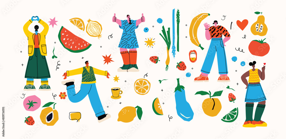 Set of Male and Female Characters with Healthy Food. People with Fruits and Vegetables Source of Energy and Health, Vegetarian Diet Isolated on White Background. Set of Male and Female Characters with Healthy Food. People with Fruits and Vegetables Source of Energy and Health, Vegetarian Diet Isolated on White Background.