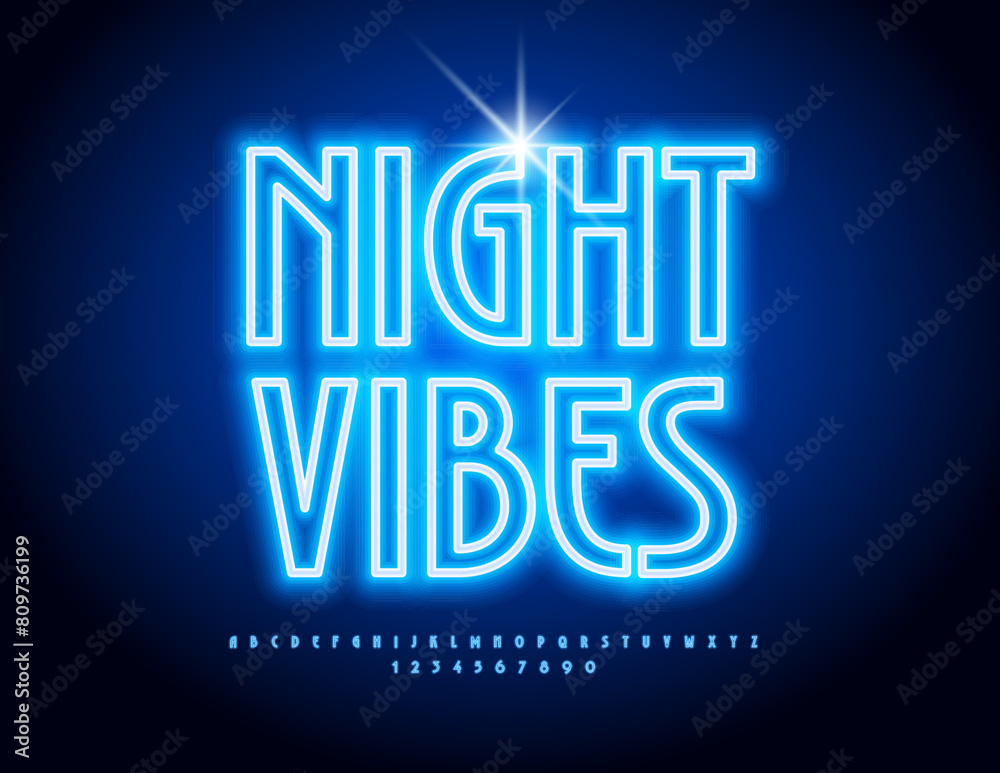 Vector neon concept Night Vibes. Modern Glowing Font. Electric Blue Alphabet Letters and Numbers set.