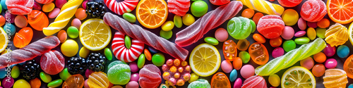 Top down view of various shapes of candies, gummy jellies, lolly, etc