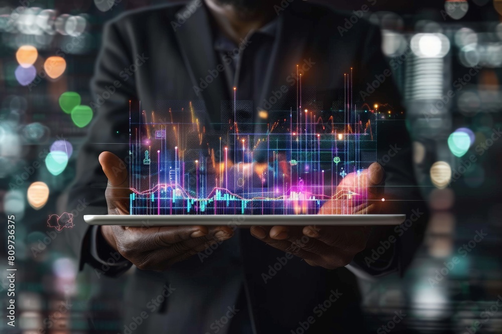 Business man holding tablet and showing holographic graphs and stock market statistics gain profits. Concept of growth planning and business strategy. Display of good economy form digital screen Business man holding tablet and showing holographic graphs and stock market statistics gain profits. Concept of growth planning and business strategy. Display of good economy form digital screen