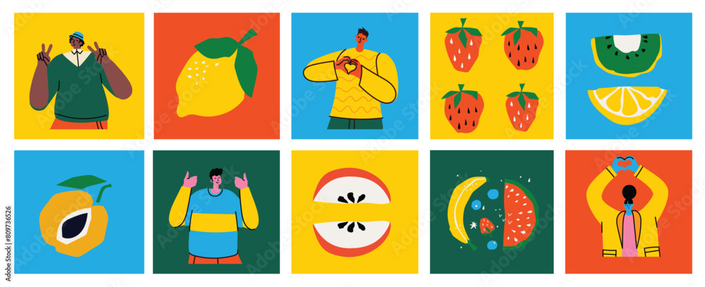 Set of Male and Female Characters with Healthy Food. People with Fruits and Vegetables Source of Energy and Health, Vegetarian Diet Isolated on White Background. Set of Male and Female Characters with Healthy Food. People with Fruits and Vegetables Source of Energy and Health, Vegetarian Diet Isolated on White Background.