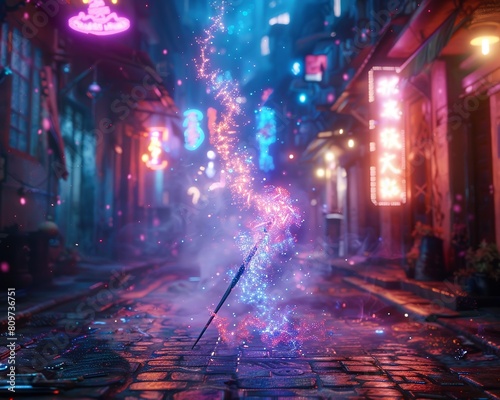 Crystal-tipped wand, shimmering aura, spellcaster in an urban alley with glowing neon signs, night-time, 3D render, Rembrandt lighting, Vignette effect