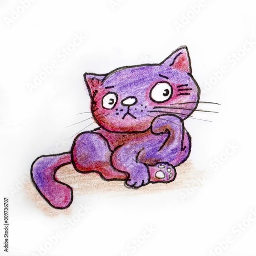 cartoon funny cat  pencil illustration on white background