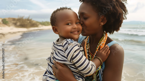 Portrait of African mother kissing her child at the beach