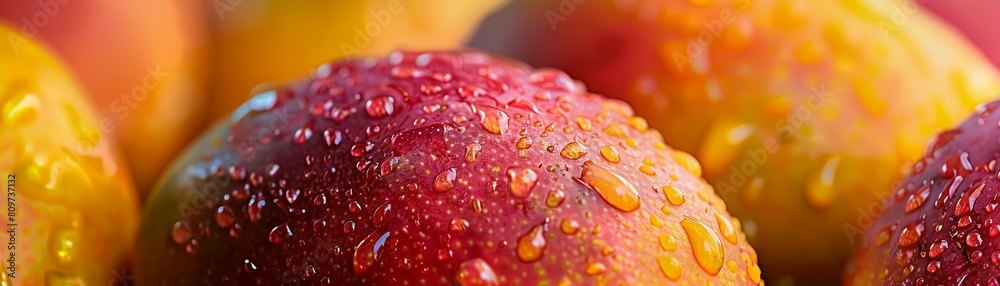 Design a vibrant and juicy close-up shot of a ripe mango, showcasing its succulent texture and inviting color for a fresh and irresistible fruit promotion
