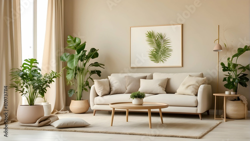 This warm living room features a modern sofa, wooden furniture, tropical plants, and a framed botanical print
