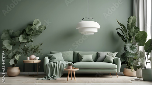 A serene interior shot of a living room with plush green sofa  matching plants and minimalist decor  exuding a calm atmosphere