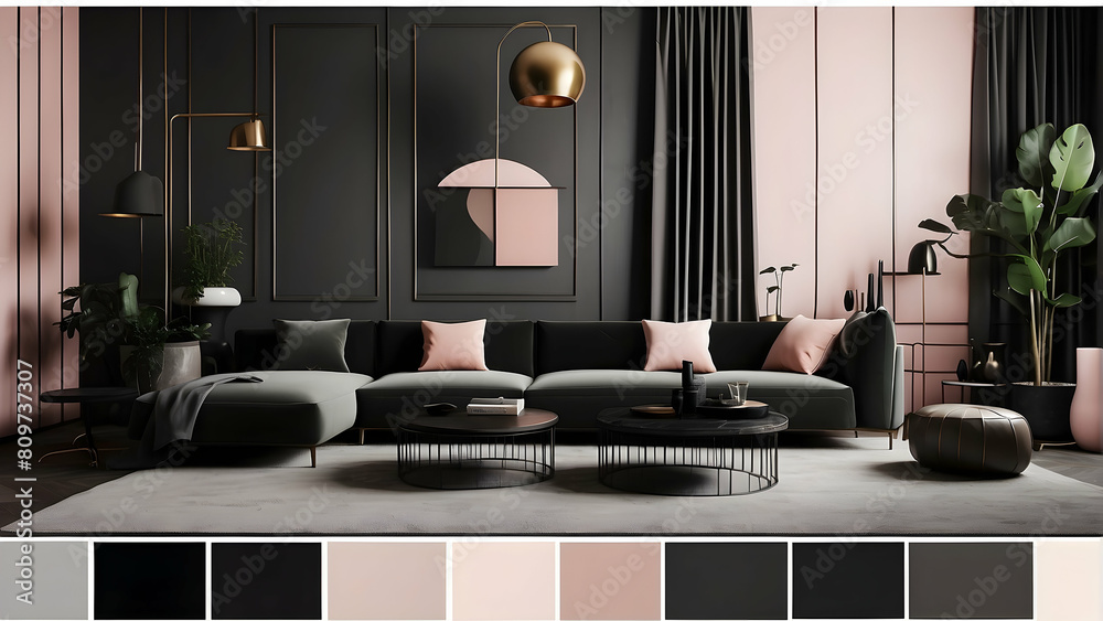 The contemporary living room showcases a stylish black sofa, unique decor, and an array of color swatches for accent inspiration