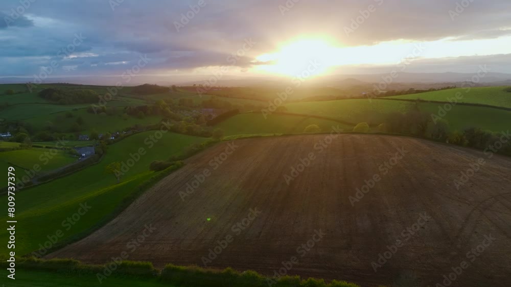 Sunset of Fields and Farms over Torquay from a drone,, Devon, England, Europe